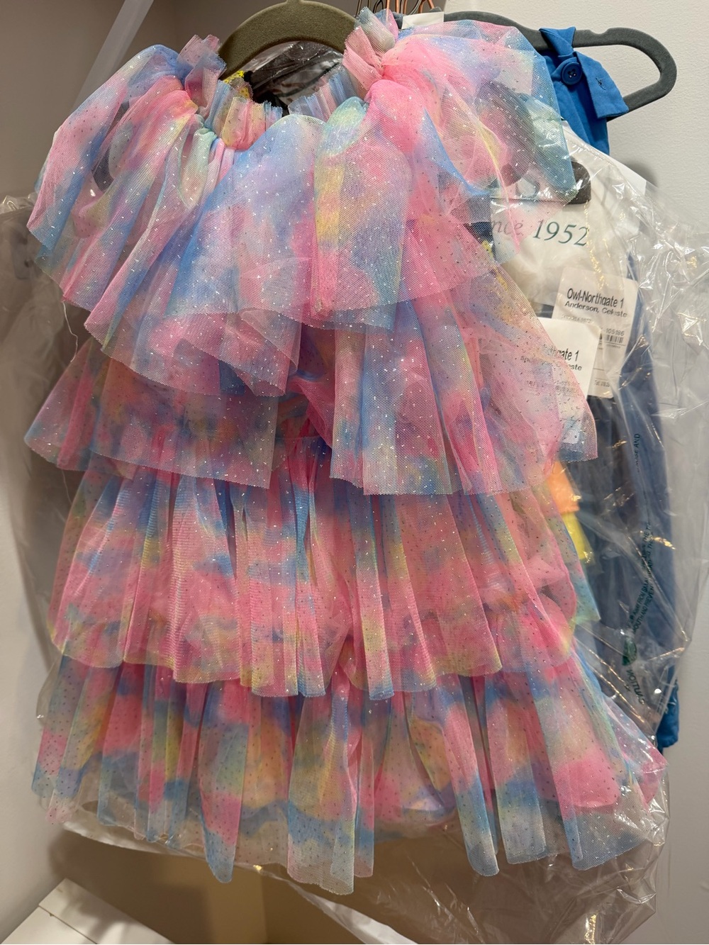 Lola + The Boys Pink Blue Yellow Layered Tulle Ruffle Dress
